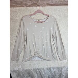 Como Blu Womens XL Tan Heart Print Twist Front Long Sleeve Ribbed Knit Top